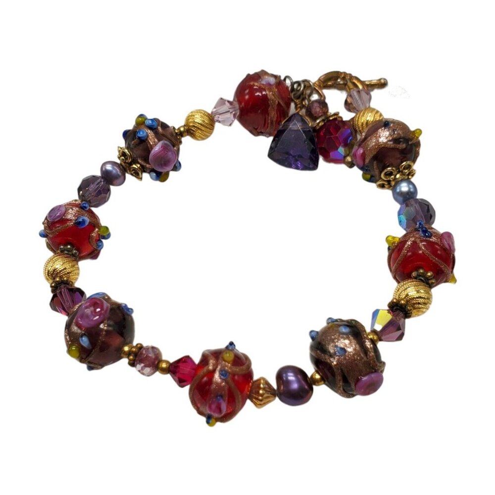 Artisan Wedding Cake Glass Bead Bracelet 22k Gold Filled Hand Blown Toggle Clasp - Picture 4 of 16